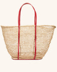 Detailed view of large open weave beach tote bag with double shoulder straps