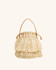 Handwoven raffia bucket bag with leather trim — summer vacation handbag