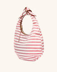 Quarter view - The Josie Knot Bag - Red striped tote bag with structured shape and leather trim