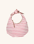 Red and white striped canvas tote bag with leather trim