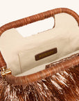 Interior of tinsel fringe beach bag with raffia handle – The Flamands Fringe Tote (Disco)