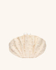Straw clutch with pearl embroidery and double ball shell clasp – The Origami Scallop Pearl
