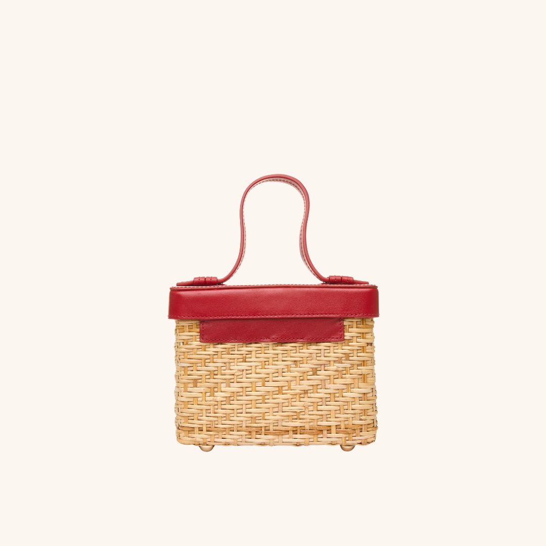 The back view of The Box Bag Vanity Case with red leather top