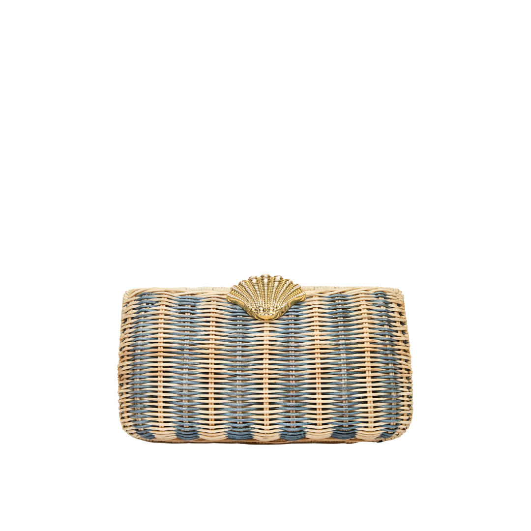 Poolside Bags Striped Rattan Clutch With Shell Clasp
