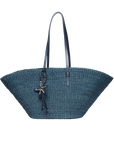 Front View East West Straw Beach Tote Bag - Navy Beach Tote With Bag Charm