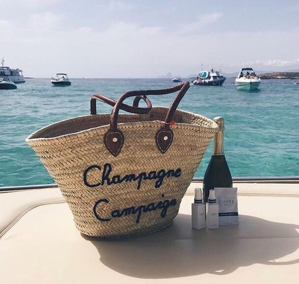 Personalized Champagne Campaign straw beach tote with long handles