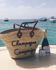 Personalized Champagne Campaign straw beach tote with long handles