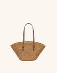 Mini woven tote bag with leather straps — small raffia vacation handbag
