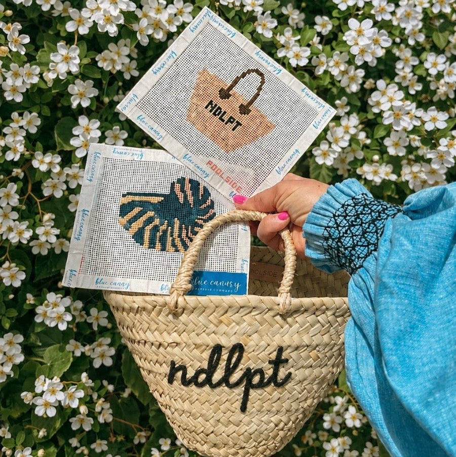 Canvas needlepoint kit with miniature Beach Tote design for DIY bag charm