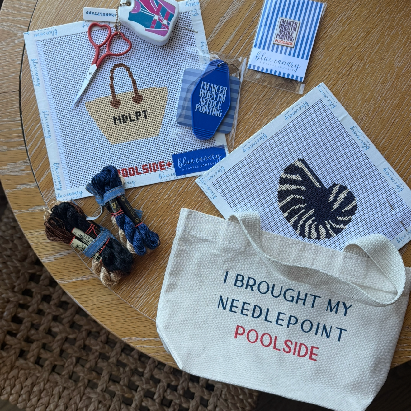 POOLSIDE x Blue Canary bag charm needlepoint canvas kit featuring miniature Anna Shell bag design