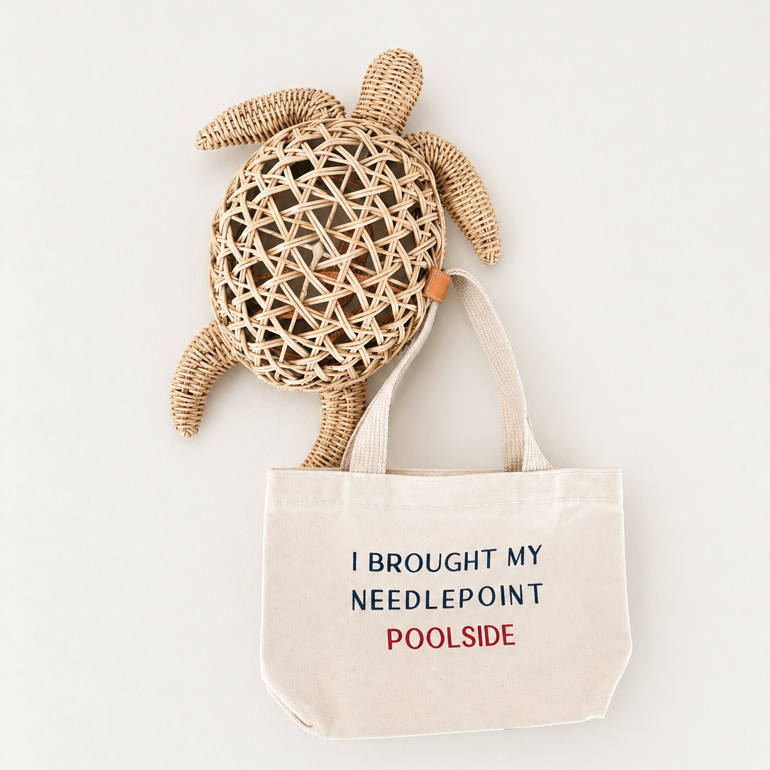 Beginner-friendly needlepoint kit with tote bag charm design