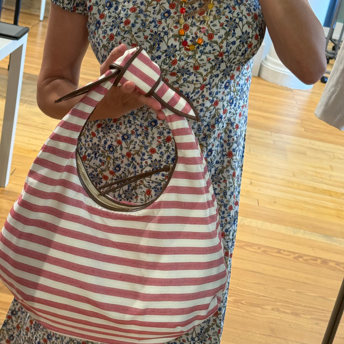 Poolside Bags - Red and white striped canvas tote bag with leather trim - The Josie Knot Bag