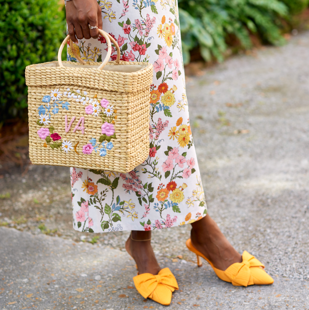Hand-embroidered Over The Moon floral logo on Lori Tote