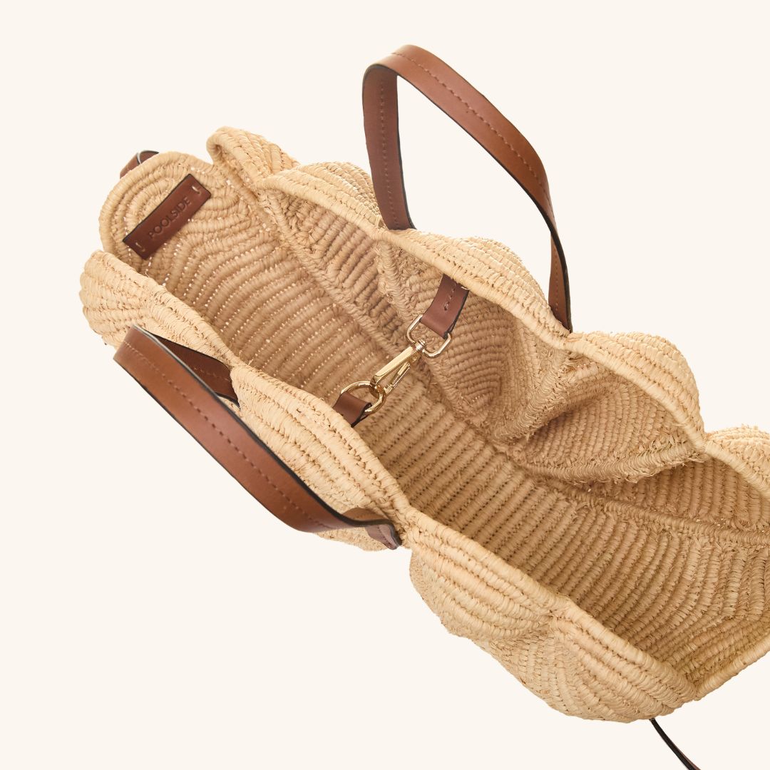 Interior View of Woven raffia handbag in unique scallop shell silhouette