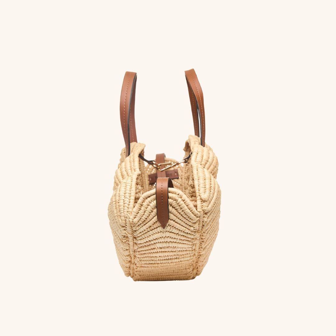Side view of Poolside Bags Raffia Shell Beach Tote Bag - The Sanibel Tote
