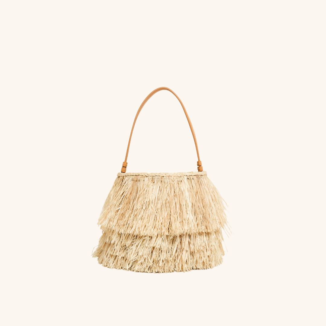 Leather trim raffia bucket bag — lightweight summer statement purse