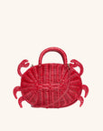 Red rattan crossbody bag shown with leather strap — playful summer accessory