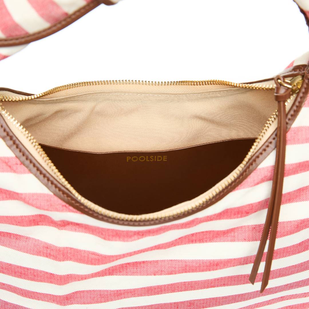 Interior pocket detail view - The Josie Knot Bag - Red striped tote bag with structured shape and leather trim