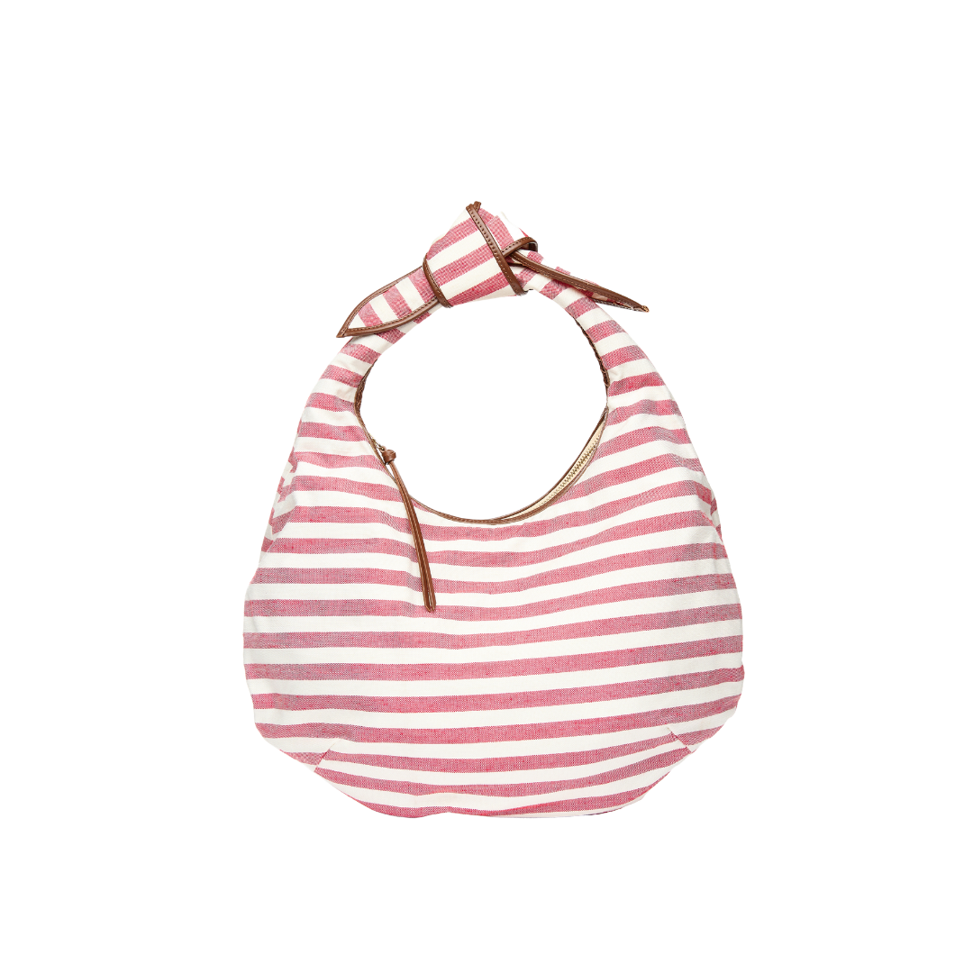 Red and white striped canvas tote bag with leather trim - Josie Knot Bag - Poolside Bags