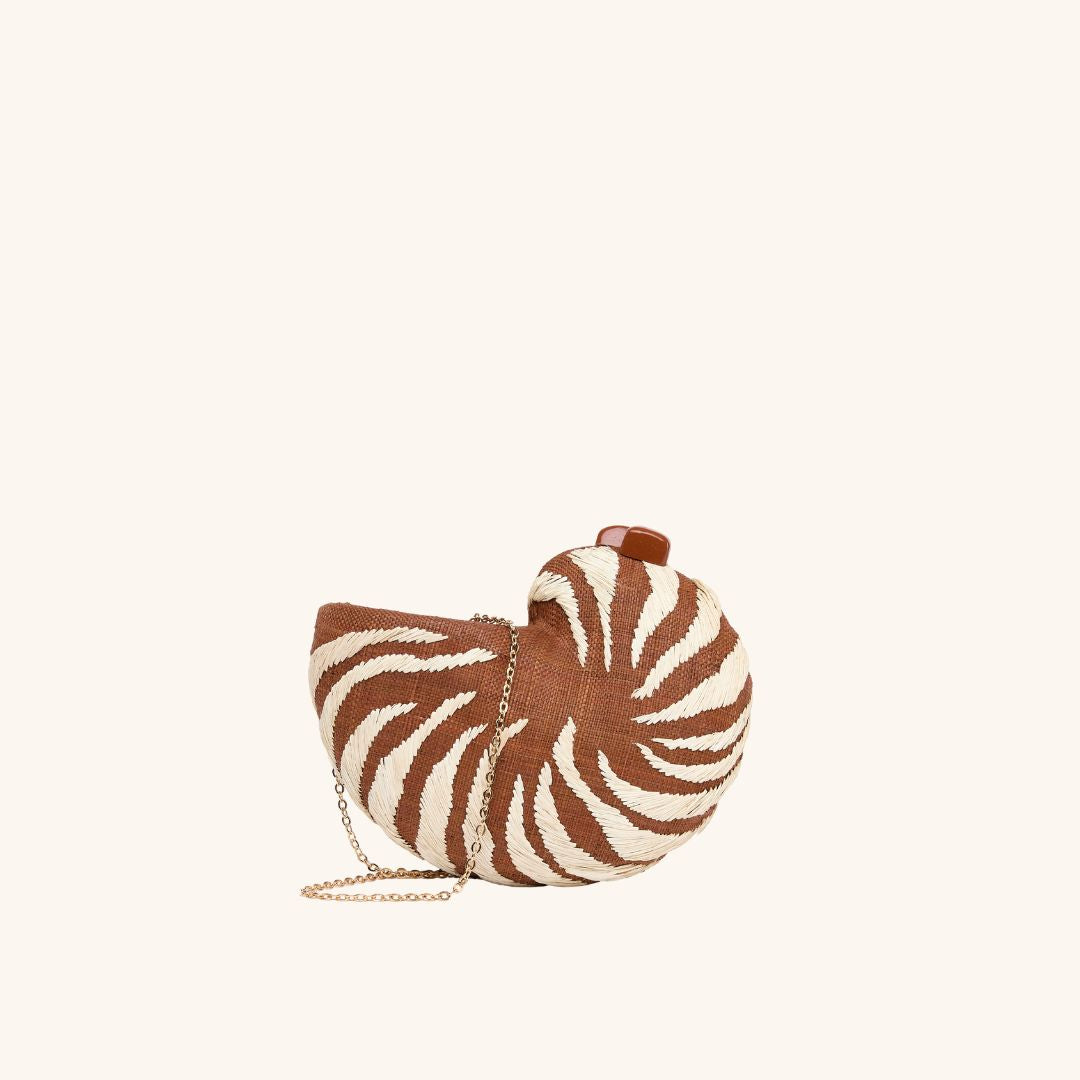 Embroidered straw clutch with nautilus shell motif and chain strap – The Anna Clutch