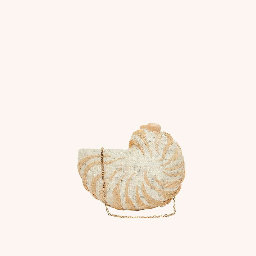 Embroidered straw shell clutch with nautilus shell motif and chain strap – The Anna Clutch