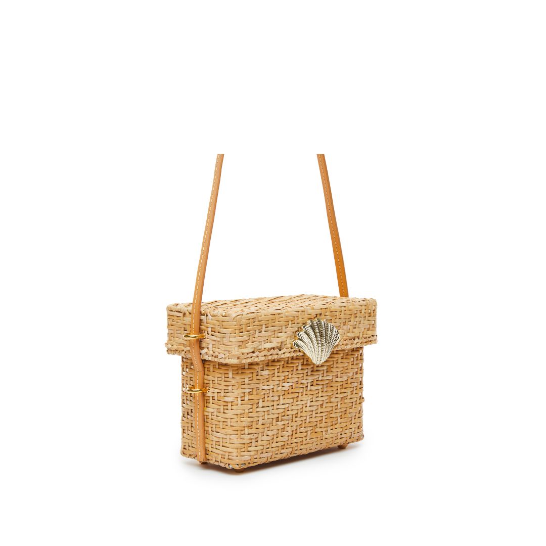 Close up of The Box Bag - vintage-inspired straw box bag with leather shoulder strap