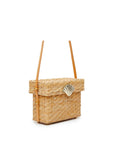 Close up of The Box Bag - vintage-inspired straw box bag with leather shoulder strap