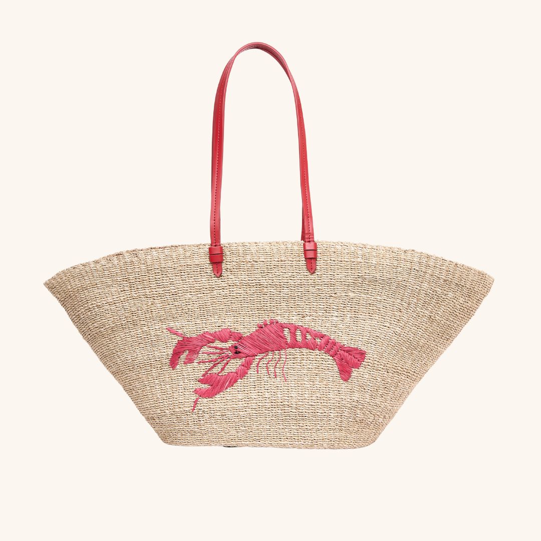 Raffia lobster embroidered tote with leather handles – The Cape Tote
