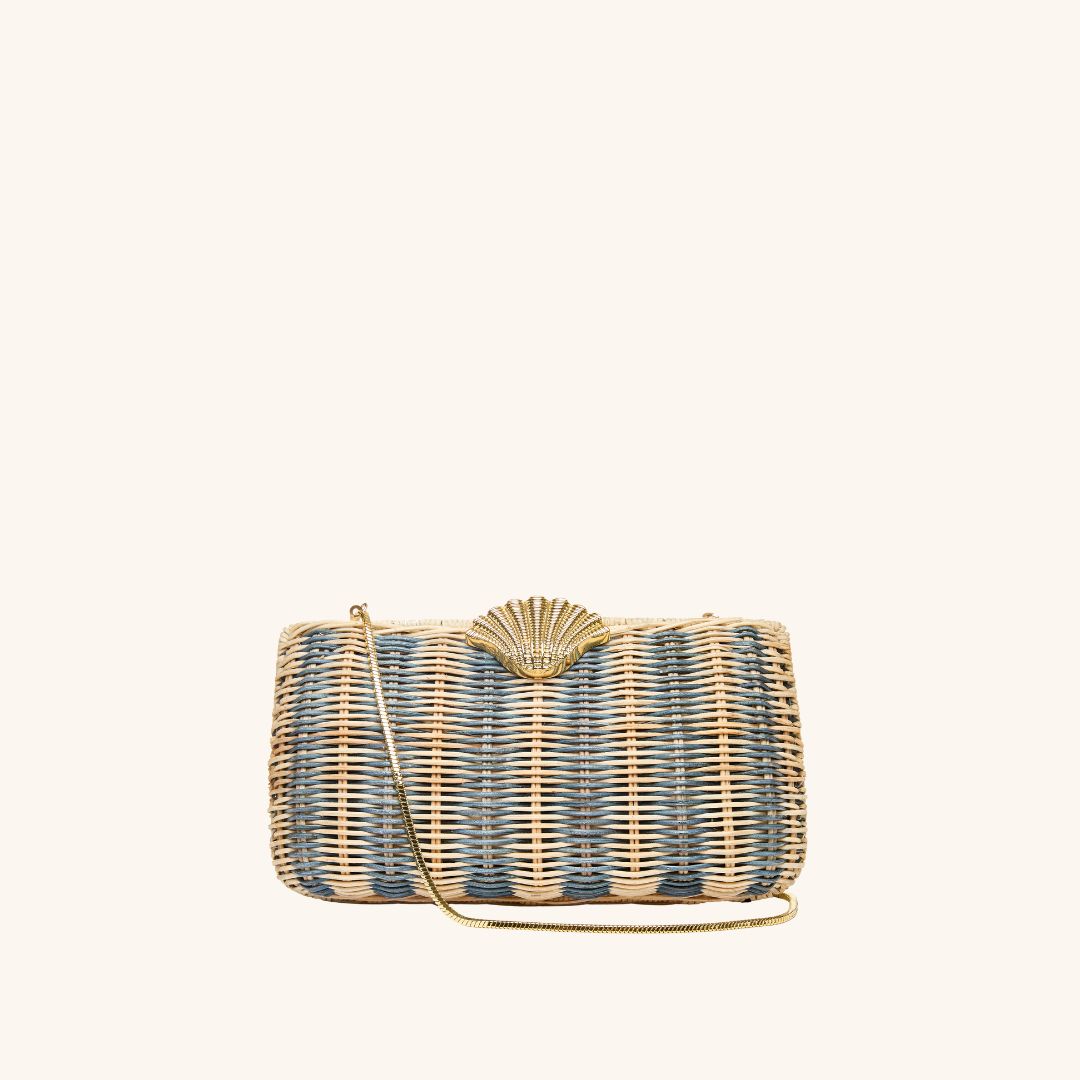 Rattan clutch with gold seashell clasp and chain strap – The Classica Clutch