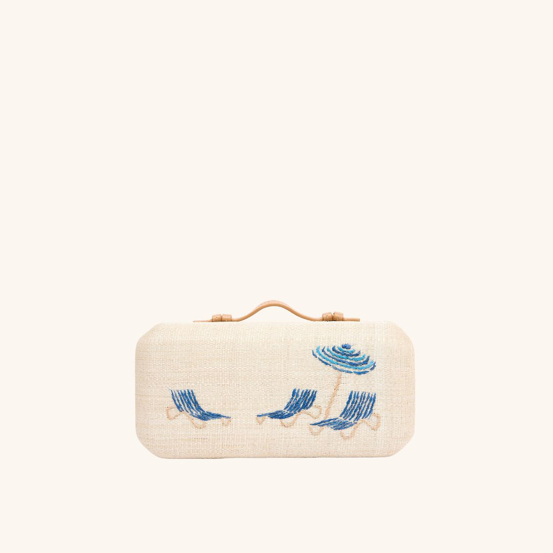 Beach club embroidery detail on The Deck Chairs Clutch in mediterranean