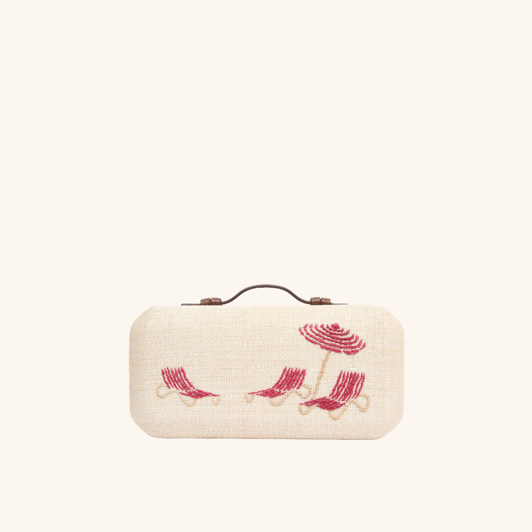 Embroidered beach club clutch with leather top handle – The Deck Chairs Clutch