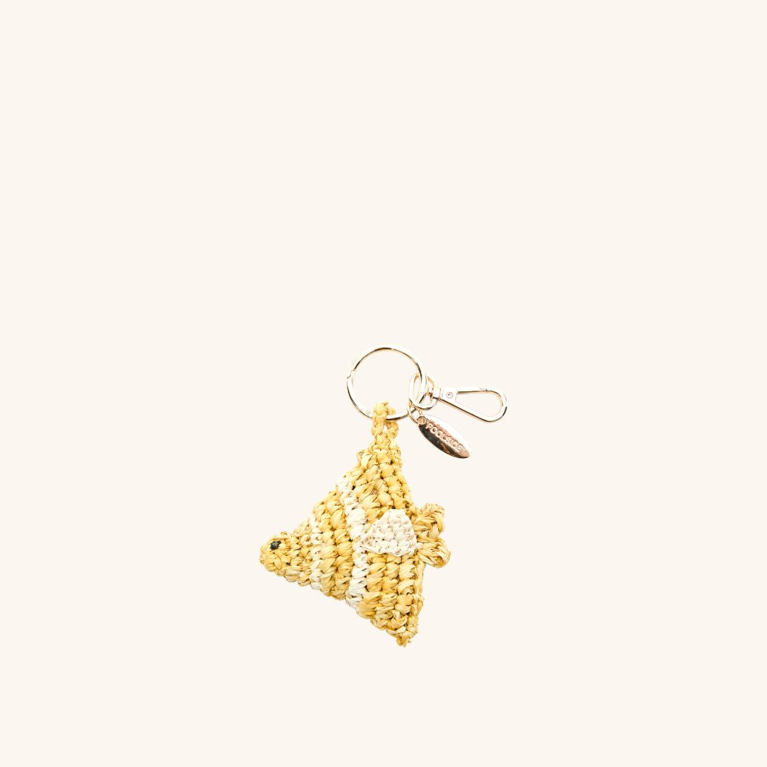 Hand-crocheted raffia fish bag charm with goldtone hardware – The Fish Bag Charm