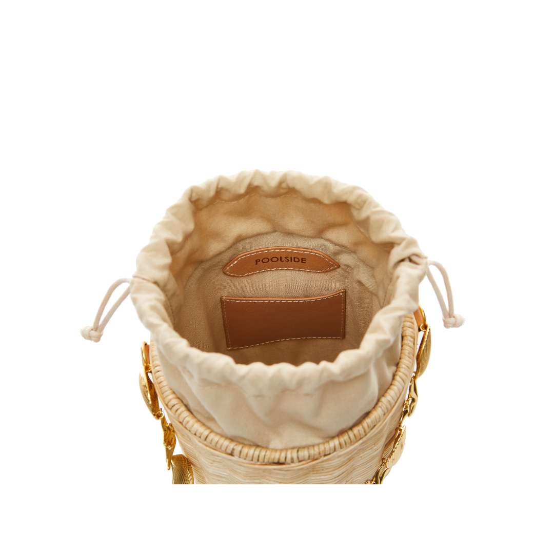 Interior detail on straw bucket bag