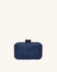Woven straw clutch in navy with chain strap – The Island Clutch