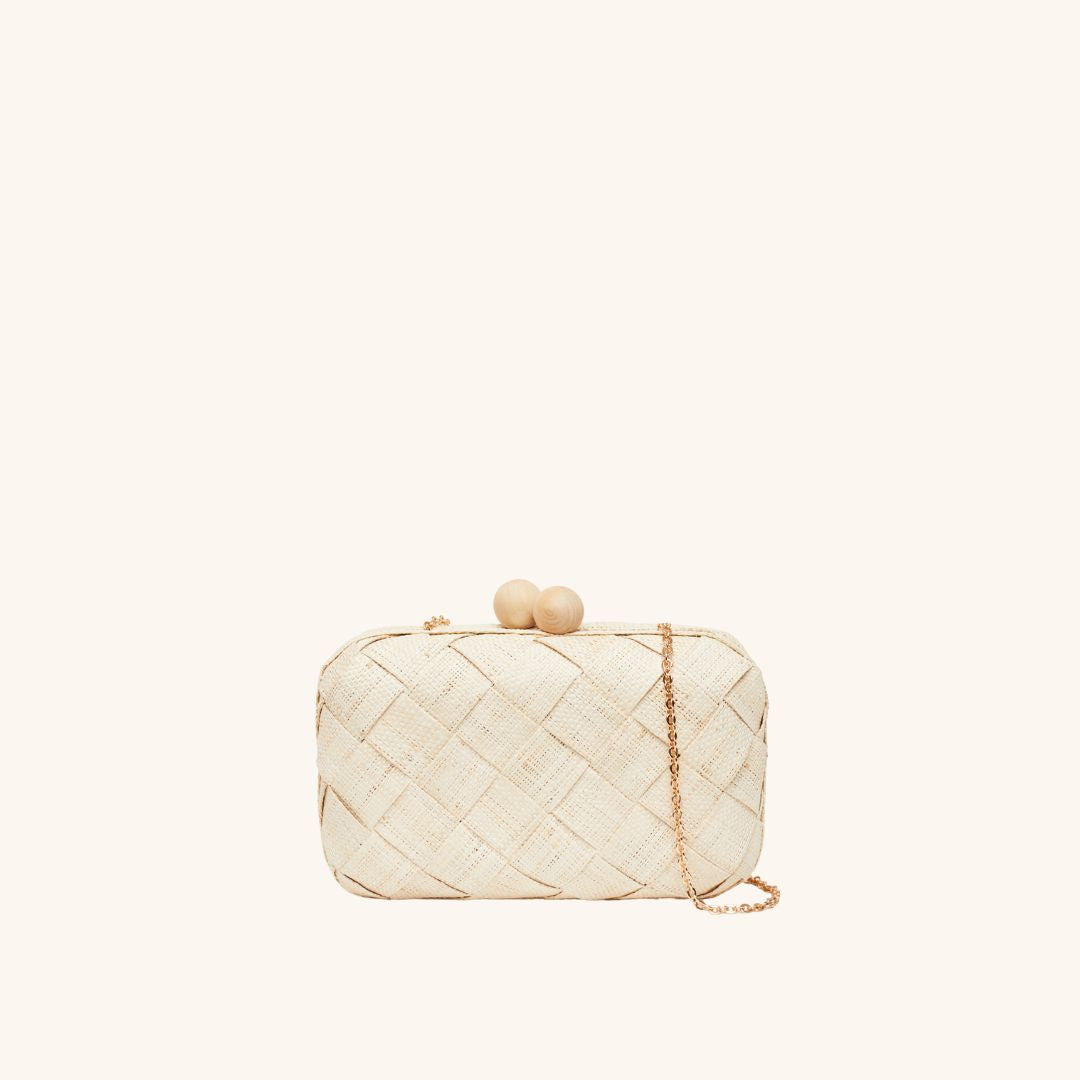 Woven straw  clutch in sand with chain strap – The Island Clutch