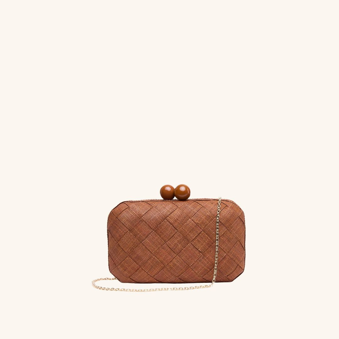 Woven straw hard shell clutch with chain strap – The Island Clutch