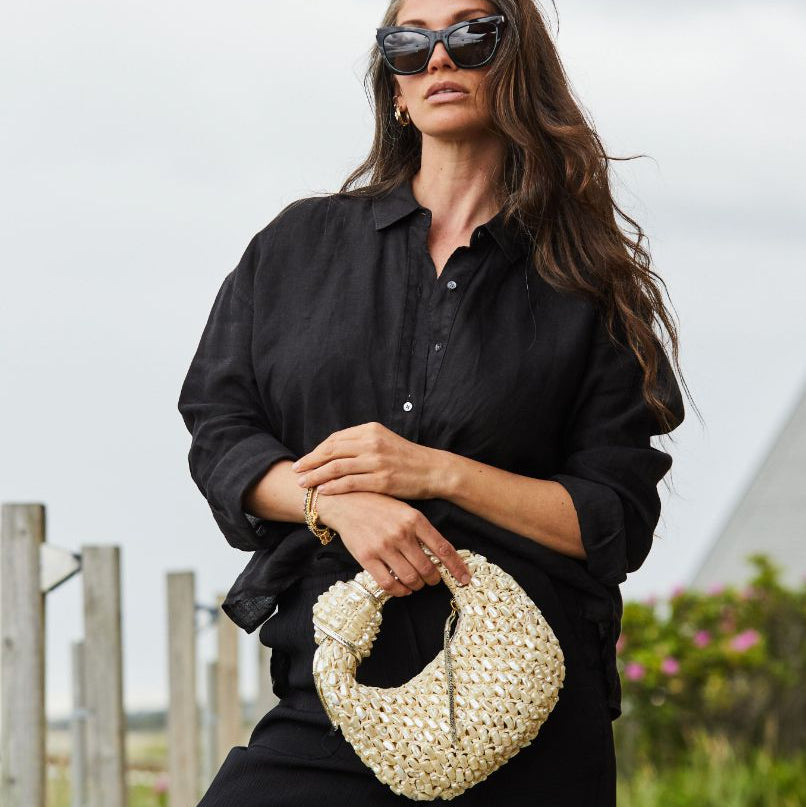Close-up faux pearl embroidery on The Josie Knot Bag