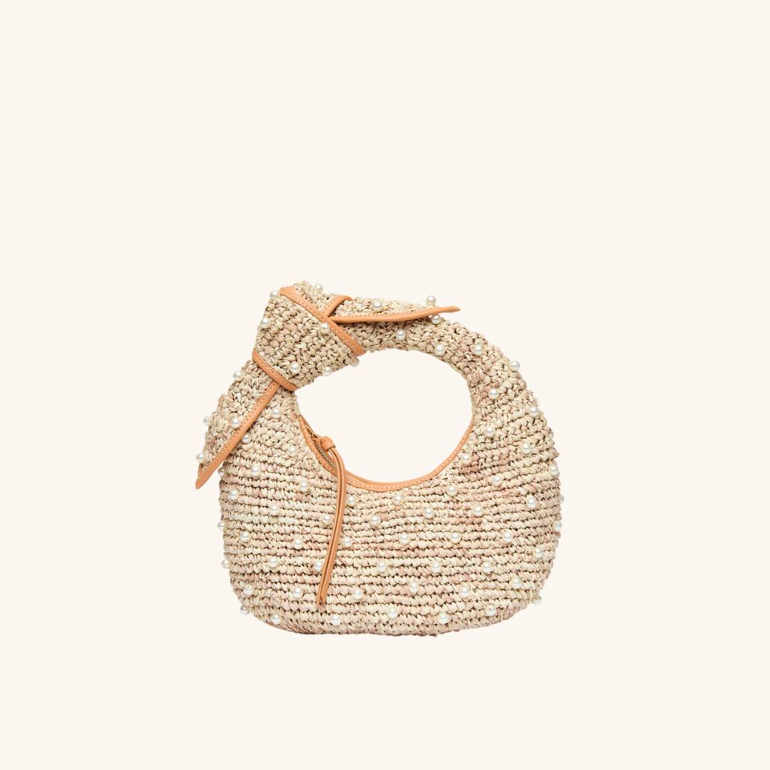 Raffia hobo bag with faux pearl embroidery and zip closure – The Josie Knot Bag
