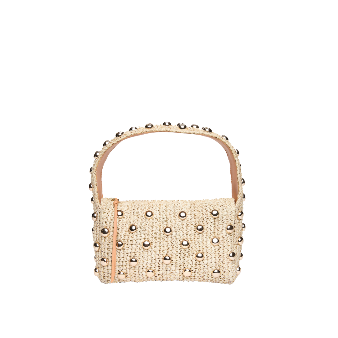 Raffia top handle bag with gold studs – The Lachlan