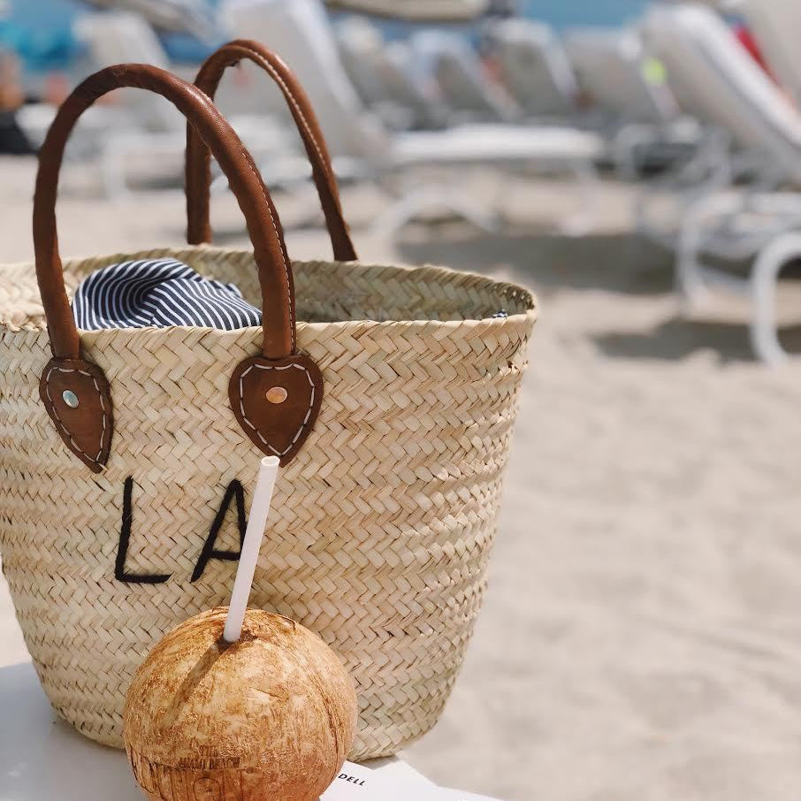 Medium straw beach tote bag with top handles – The Medium Beach Tote - Embroidered with LA
