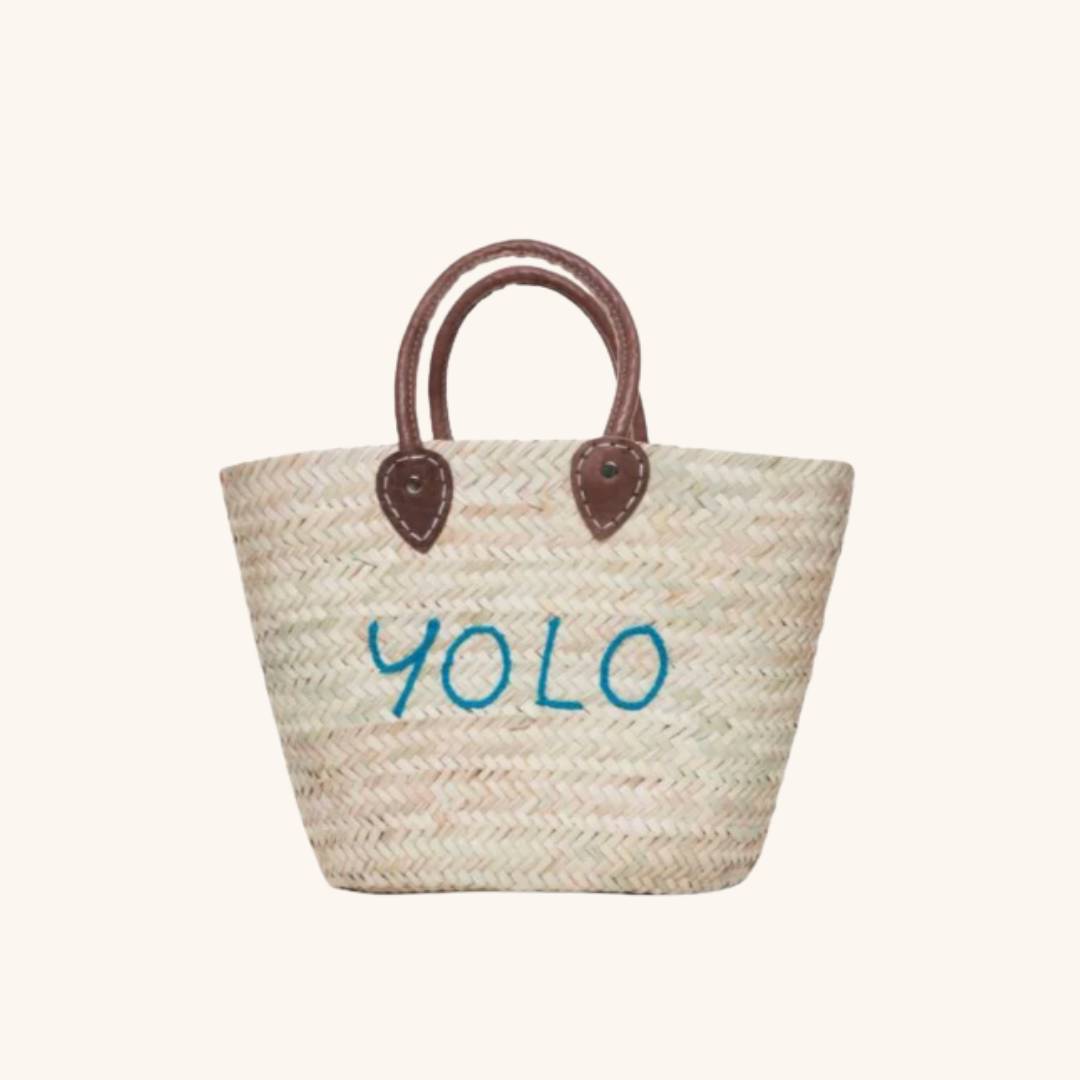 Medium straw beach tote bag with top handles – The Medium Beach Tote - Embroidered with YOLO