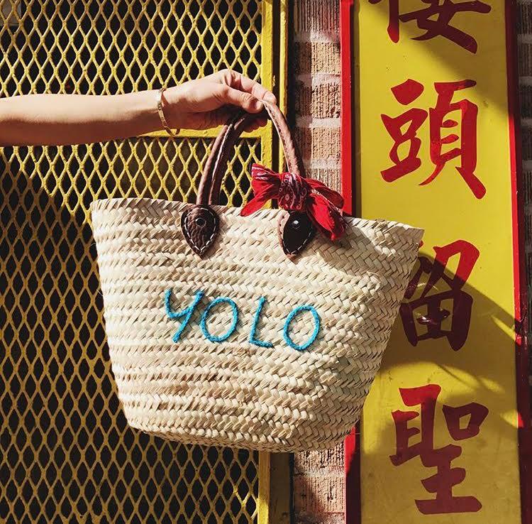 Medium straw beach tote bag with top handles – The Medium Beach Tote - Embroidered with YOLO