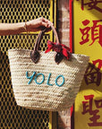Medium straw beach tote bag with top handles – The Medium Beach Tote - Embroidered with YOLO