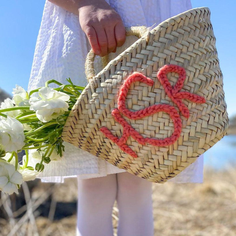 Custom hand embroidery detail on The Monogram Basket - shown as an Easter basket