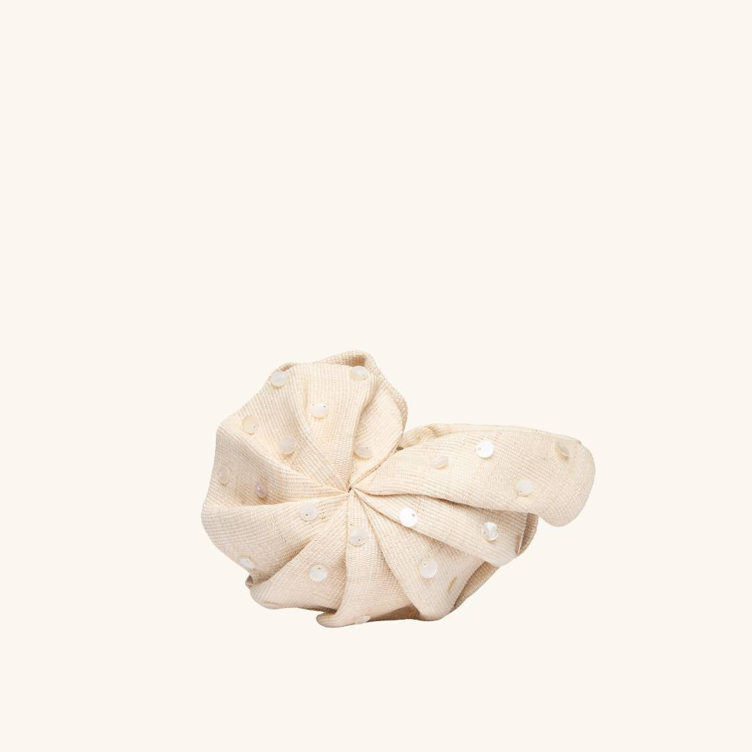 Straw mini clutch with shell disc embroidery – The Origami Nautilus Mini Disco