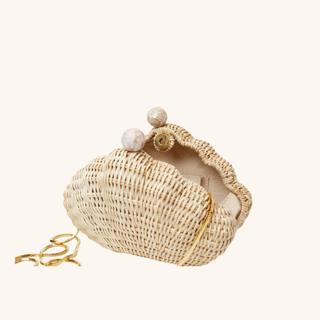 Real shell clasp detail on The Shell Minaudiere