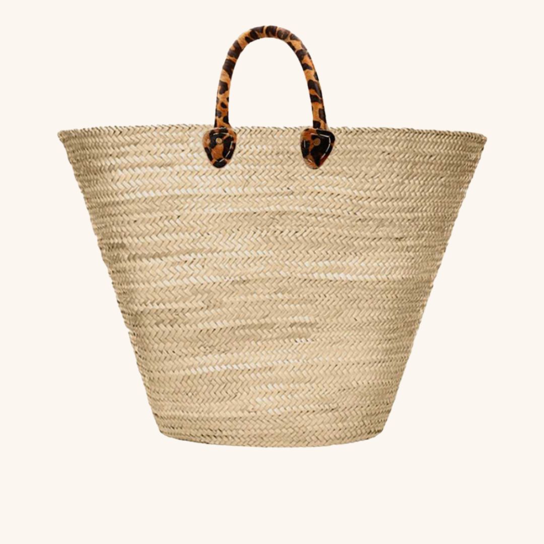 XXL straw beach tote with leopard handle