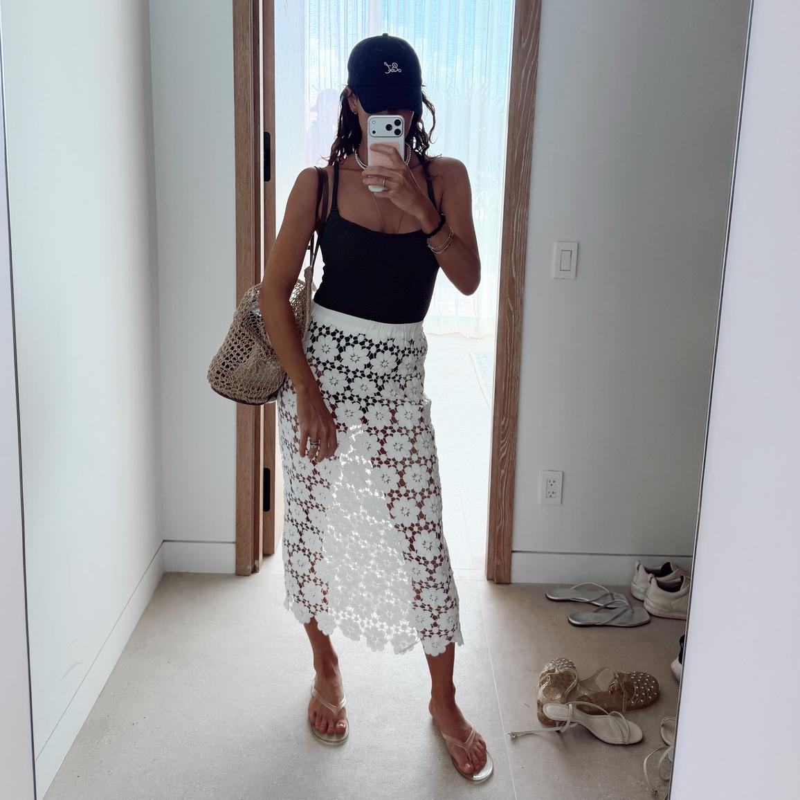 White cotton lace midi skirt with floral crochet design and elastic waist